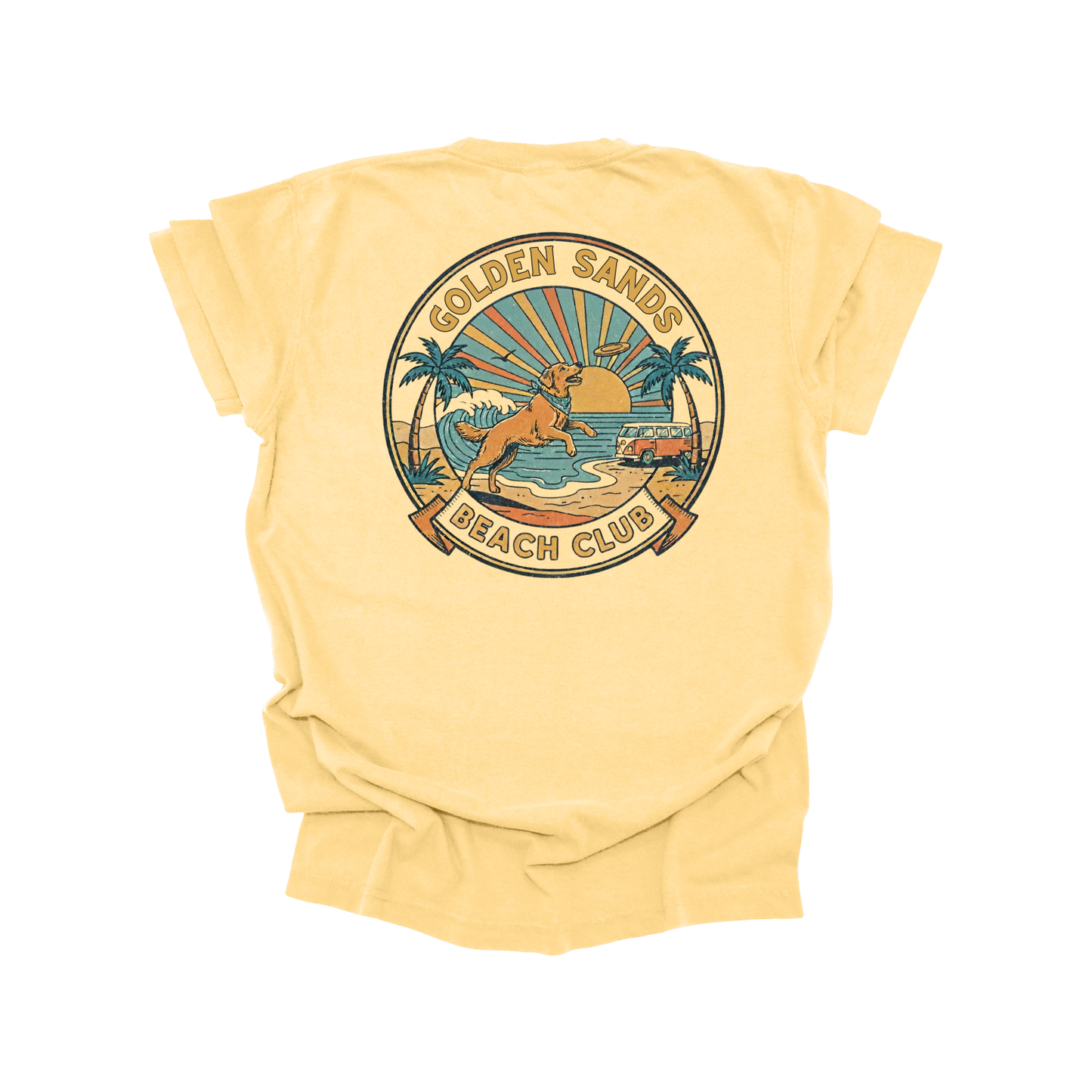 Golden Sands Beach Club T-Shirt | Retro Dog & Surf Style Tee