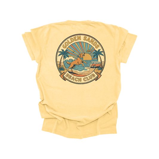 Golden Sands Beach Club T-Shirt | Retro Dog & Surf Style Tee